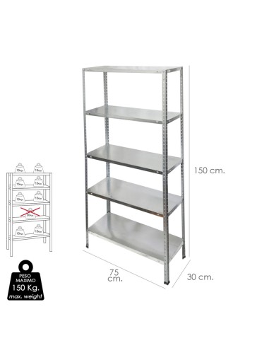 Estanteria Acero Galvanizado con 5 Baldas 150x75x30 cm. Baldas ajustables. Peso maximo 150 Kg.