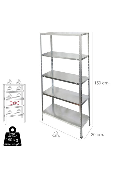 Estanteria Acero Galvanizado con 5 Baldas 150x75x30 cm. Baldas ajustables. Peso maximo 150 Kg.
