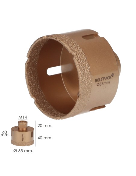 Corona Diamante Para Amoladora Ø 65 mm. Conexión Rosca M14. Corte Seco