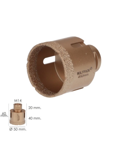 Corona Diamante Para Amoladora Ø 50 mm. Conexión Rosca M14. Corte Seco