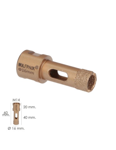 Corona Diamante Para Amoladora Ø 16 mm. Conexión Rosca M14. Corte Seco