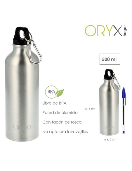 Botella de Agua Aluminio Con mosqueton, Cierre hermetico 500 ml.