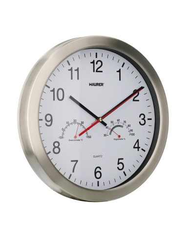Reloj De Pared Ø 30 cm. Con Higrometro y Termometro. Frontal En Acero