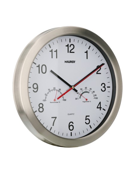Reloj De Pared Ø 30 cm. Con Higrometro y Termometro. Frontal En Acero