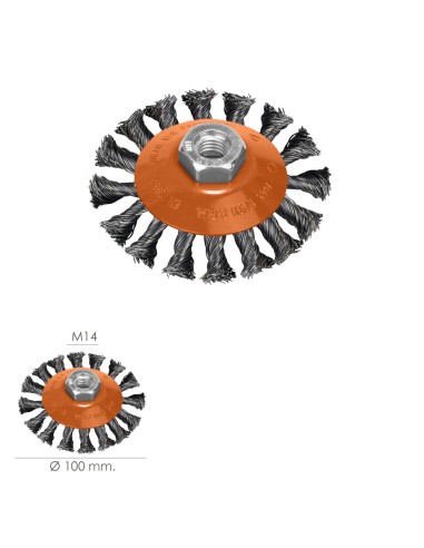 Cepillo Oblicuo Con Alambre De Acero Trenazdo Rosca M14, Ø 100 mm. Alambre de Ø 0,30 mm.