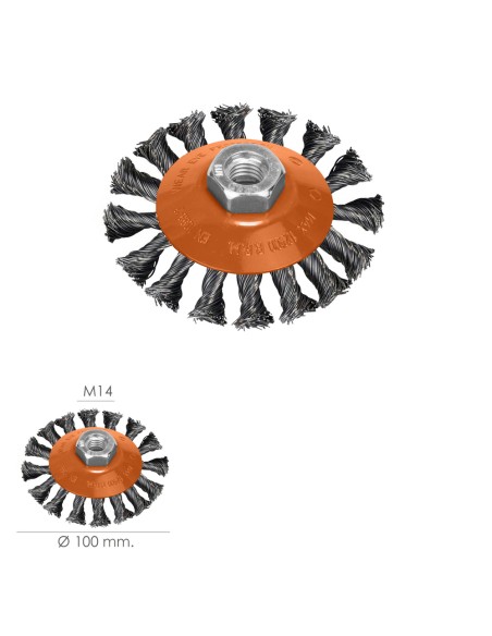 Cepillo Oblicuo Con Alambre De Acero Trenazdo Rosca M14, Ø 100 mm. Alambre de Ø 0,30 mm.