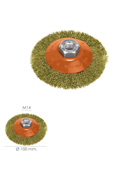 Cepillo Oblicuo Con Alambre De Acero Latonado Rosca M14, Ø 100 mm. Alambre de Ø 0,30 mm.