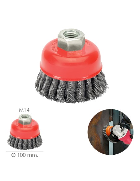 Cepillo Taza Con Alambre De Acero Trenzado Rosca M14, Ø 100 mm. Alambre de Ø 0,50 mm.
