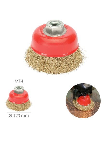 Cepillo Taza Con Alambre De Acero Latonado Rosca M14, Ø 120 mm. Alambre de Ø 0,30 mm.