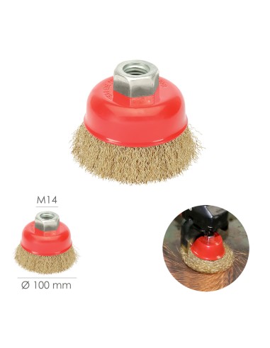 Cepillo Taza Con Alambre De Acero Latonado Rosca M14, Ø 100 mm. Alambre de Ø 0,30 mm.