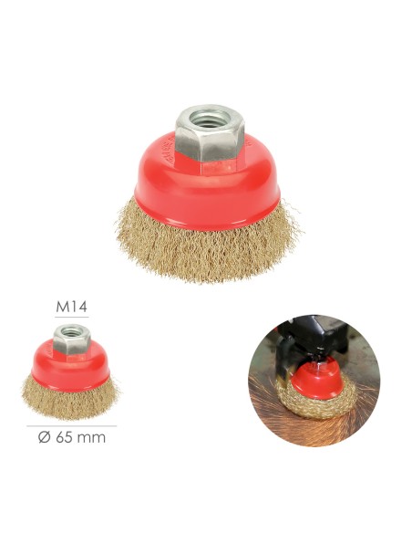 Cepillo Taza Con Alambre De Acero Latonado Rosca M14, Ø 65 mm. Alambre de Ø 0,30 mm.