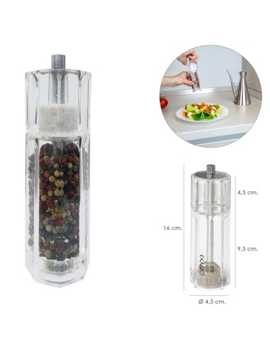 Salero / Molinillo Pimienta Acrílico 2 en 1 Salero Pimentero Ajustable Ø 4,5 x 16 cm