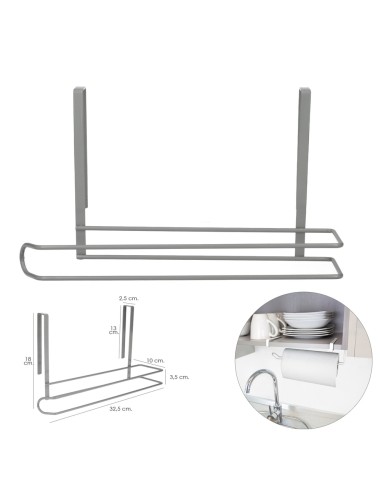 Colgador Portarrollos Papel Cocina, Acero Para Puertas, Encimeras, Muebles. 32,5x18x10 cm.