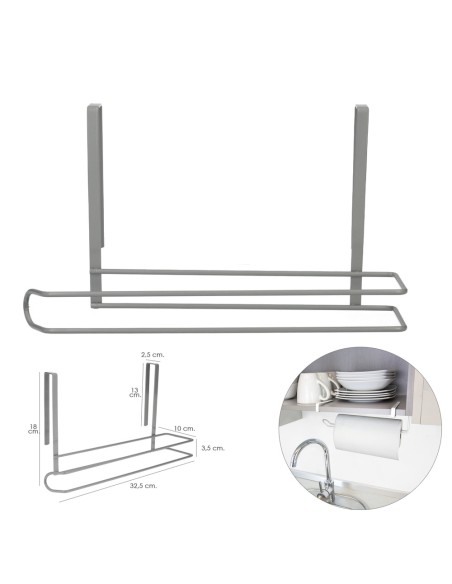 Colgador Portarrollos Papel Cocina, Acero Para Puertas, Encimeras, Muebles. 32,5x18x10 cm.