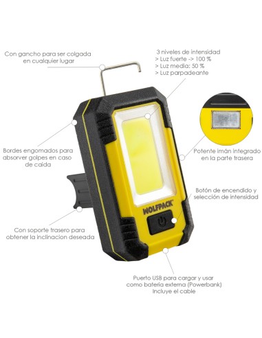 Linterna LED Profesional Compacta Engomada Bateria Recargable 500 Lumenes Con Función Powerbank, Iman, Soporte y Gancho