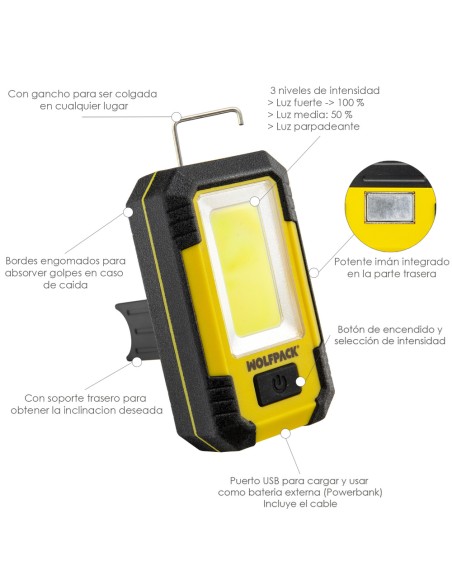 Linterna LED Profesional Compacta Engomada Bateria Recargable 500 Lumenes Con Función Powerbank, Iman, Soporte y Gancho