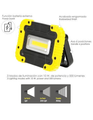 Linterna de Trabajo Led Multifunción Recargable 2.000 mAh. / 10 W. / 500 Lúmenes / 4 Imanes / Bateria Externa / Soporte 180º