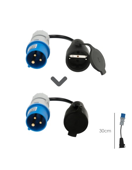 Adaptador de clavija CEE a Schuko, 2 polos + Tierra. Max. 16A. 230V