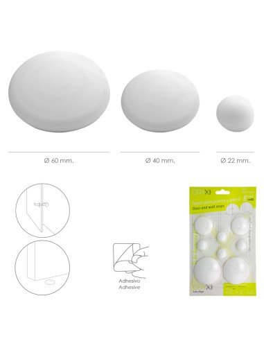 Topes Adhesivos para Paredes / Puertas / Ventanas / Mobiliario 2 x Ø 60 mm. / 2 x 40 mm. / 4 x 22 mm. (Blister 8 piezas)