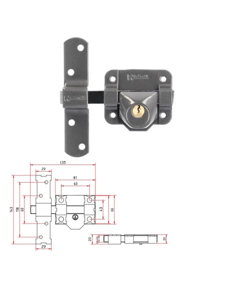 Cerrojo b-9 llave solo pasador de 140mm cilindro redondo de 40mm