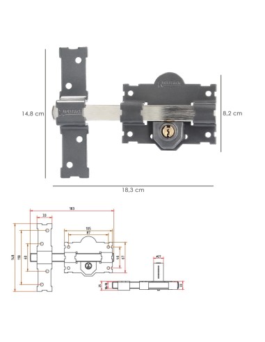 Cerrojo b-4 llave 2 lados pasador de 183mm cilindro redondo de 70mm