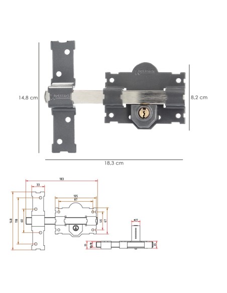 Cerrojo b-4 llave 2 lados pasador de 183mm cilindro redondo de 70mm
