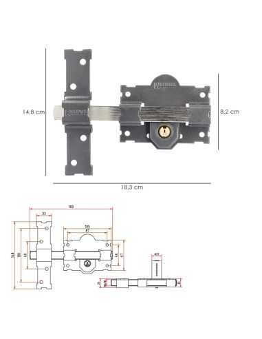 Cerrojo b-2 llave 2 lados pasador de 183mm cilindro redondo de 50mm