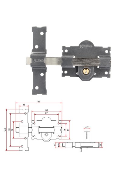 Cerrojo B-1 llave y pulsador pasador de 161mm cilindro redondo de 50mm