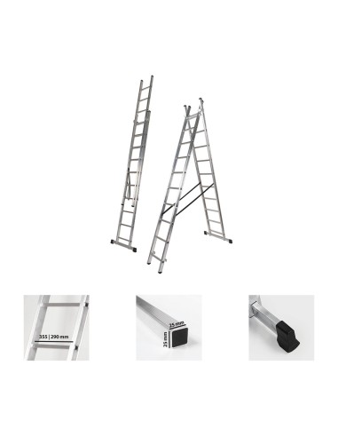 Escalera Aluminio 2 Tramos 10+10 Peldaños. Plegable, Antideslizante, Resistente