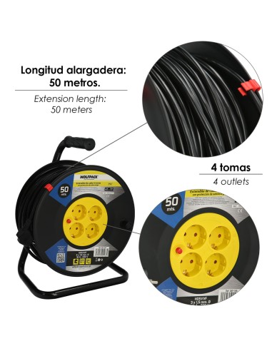 Extensible Industrial 4 Tomas 50 Metros 3 x 1,5 mm. con Protección Sobrecarga
