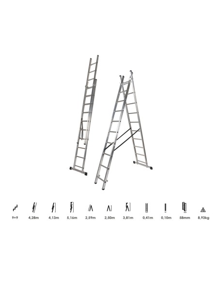 Escalera Aluminio 2 Tramos 9+9 Peldaños. Plegable, Antideslizante, Resistente