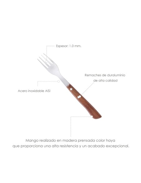 Tenedor Montana Chuletero Acero Inoxidable 9 cm. Mango Madera (Blister 3 Piezas)