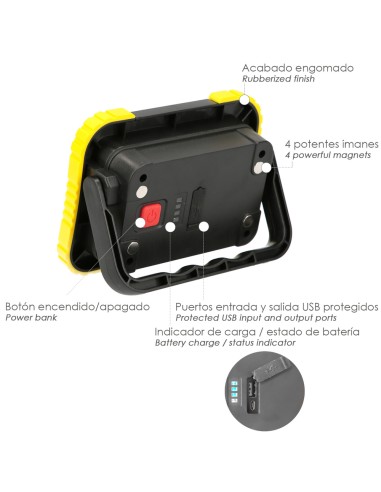 Linterna de Trabajo Led Multifunción Recargable 2.000 mAh. / 10 W. / 500 Lúmenes / 4 Imanes / Bateria Externa / Soporte 180º