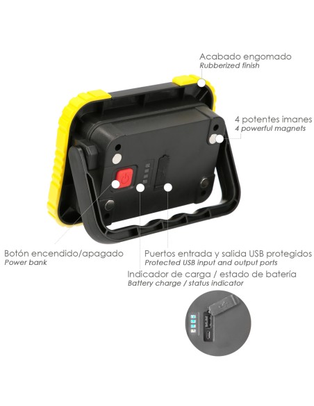 Linterna de Trabajo Led Multifunción Recargable 2.000 mAh. / 10 W. / 500 Lúmenes / 4 Imanes / Bateria Externa / Soporte 180º