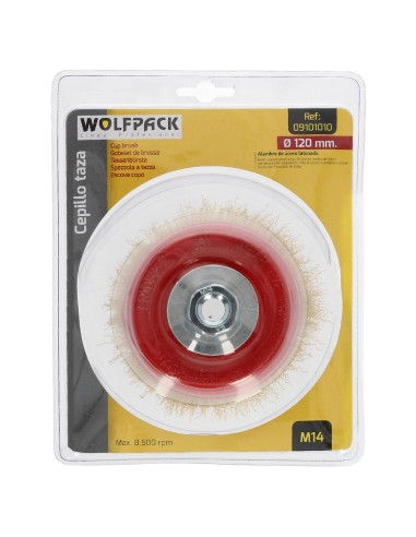 Cepillo Taza Con Alambre De Acero Latonado Rosca M14, Ø 120 mm. Alambre de Ø 0,30 mm.