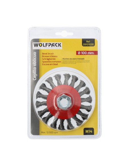 Cepillo Oblicuo Con Alambre De Acero Trenazdo Rosca M14, Ø 100 mm. Alambre de Ø 0,30 mm.