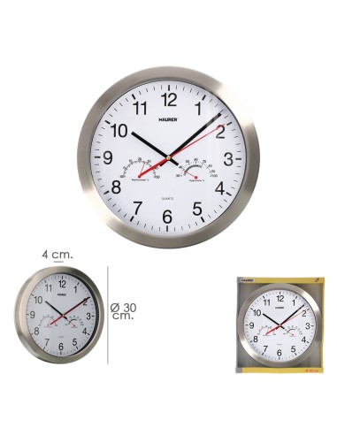 Reloj De Pared Ø 30 cm. Con Higrometro y Termometro. Frontal En Acero