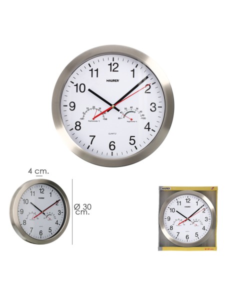 Reloj De Pared Ø 30 cm. Con Higrometro y Termometro. Frontal En Acero