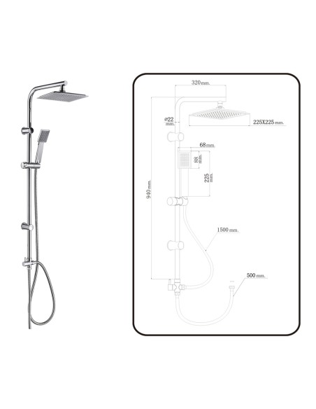 Columna Ducha Universal Multifuncional Completa Cuadrada, Acero Cromado, Rociador Alcachofa Efecto Lluvia 22,5x22,5 cm.