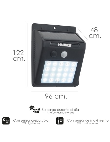 Aplique Foco Solar LED Exterior IP65, 200 Lumenes, Sensor Movimiento y Crepuscular, Foco Led Bateria, Foco Solar Bateria,