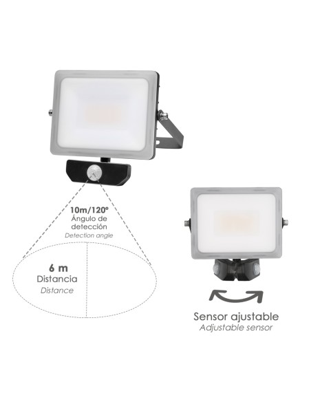 Foco Led Plano 30 Watt. Luz Blanca 4000º K IP 65 2400 Lumenes Con Sensor de Presencia