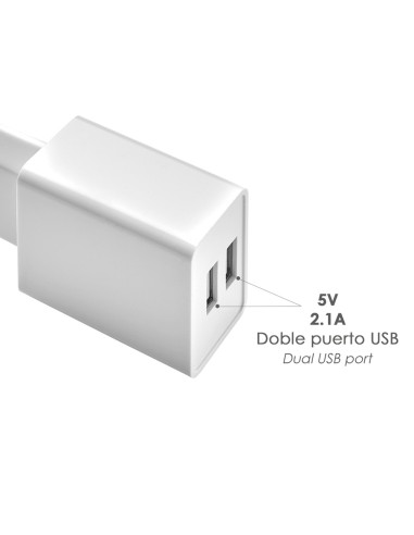 Cargador USB Dos Tomas 2.1 Amperios. 5 V. Adaptador Enchufe USB Cargador USB de Pared, Android, Iphone, Smartphones, Tablets.