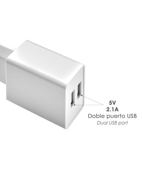 Cargador USB Dos Tomas 2.1 Amperios. 5 V. Adaptador Enchufe USB Cargador USB de Pared, Android, Iphone, Smartphones, Tablets.