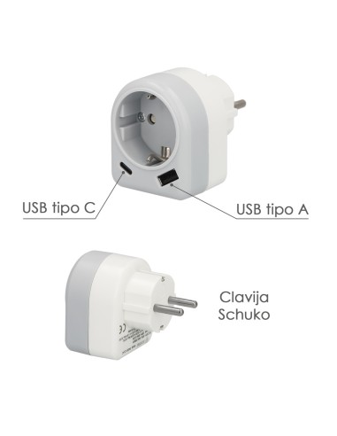 Enchufe / Adaptador Schuko Con 2 Tomas, USB A / C. Potencia Maxima 3680 W. Cargador Moviles, Cargador 2 Tomas, Adaptador Moviles