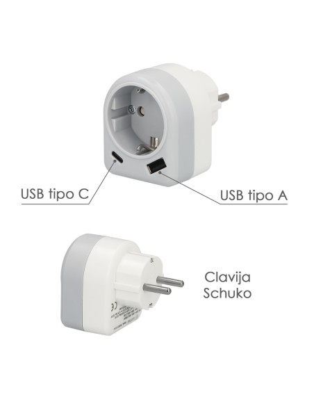 Enchufe / Adaptador Schuko Con 2 Tomas, USB A / C. Potencia Maxima 3680 W. Cargador Moviles, Cargador 2 Tomas, Adaptador Moviles