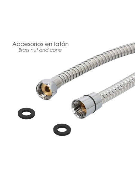 Flexo / Manguera Ducha Acero Inoxidable 2,00 Metros Accesorios de Latón. Flexible, Resistente a Torceduras, Conexión Estandar