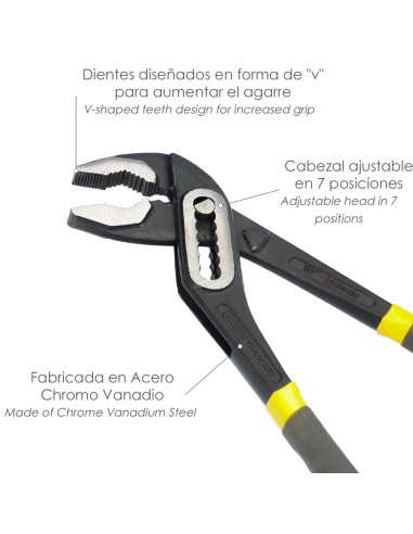 Tenazas Apertura Múltiple Negra 250 mm. Mangos Plastificados DIN 8976. Pico De Loro, Alicates Extensibles, Tenazas Fontanero