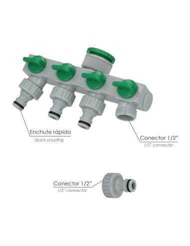 Adaptador Manguera Plastico 3/4" - 1" 4 Vias, Distribuidor 4 vias, Divisor Manguera, Ajuste Independiente, Tomas 1/2+Adaptador