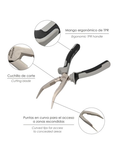 Alicates Boca Curva 200 mm. Acero Cromo Vanadio DIN-ISO 5745 Alicates Punta Curva, Alicates Boca Curva Larga,