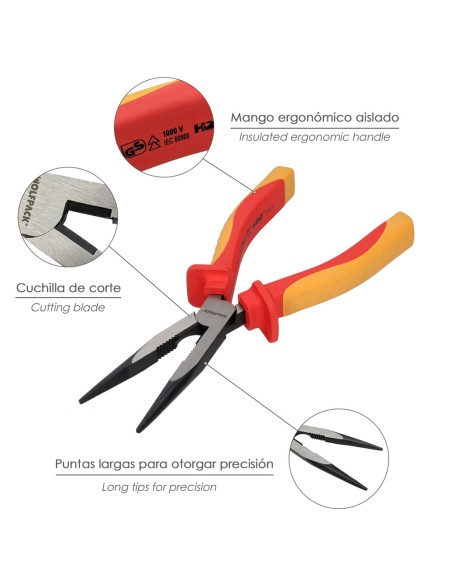 Alicates Boca Recta 200 mm. Mangos Aislados Acero Cromo Vanadio Pelacables, Corta Cables, Pelador Cables